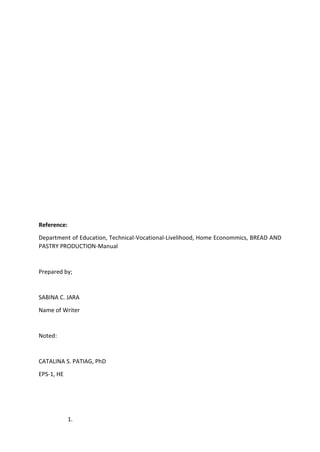 Reference:
Department of Education, Technical-Vocational-Livelihood, Home Econommics, BREAD AND
PASTRY PRODUCTION-Manual
Prepared by;
SABINA C. JARA
Name of Writer
Noted:
CATALINA S. PATIAG, PhD
EPS-1, HE
1.
 