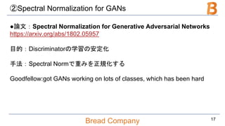 Bread Company
②Spectral Normalization for GANs
●論文：Spectral Normalization for Generative Adversarial Networks
https://arxiv.org/abs/1802.05957
目的：Discriminatorの学習の安定化
手法：Spectral Normで重みを正規化する
Goodfellow:got GANs working on lots of classes, which has been hard
17
 