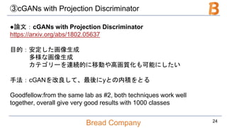 Bread Company
③cGANs with Projection Discriminator
●論文：cGANs with Projection Discriminator
https://arxiv.org/abs/1802.05637
目的：安定した画像生成
多様な画像生成
カテゴリーを連続的に移動や高画質化も可能にしたい
手法：cGANを改良して、最後にyとの内積をとる
Goodfellow:from the same lab as #2, both techniques work well
together, overall give very good results with 1000 classes
24
 