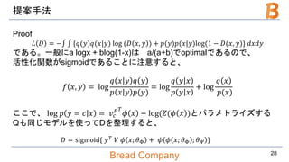 Bread Company
提案手法
Proof
𝐿 𝐷 = −∫ ∫ {𝑞(𝑦)𝑞(𝑥|𝑦) log (𝐷 𝑥, 𝑦 ) + 𝑝(𝑦)𝑝(𝑥|𝑦)log(1 − 𝐷(𝑥, 𝑦)} 𝑑𝑥𝑑𝑦
である。一般にa logx + blog(1-x)は a/(a+b)でoptimalであるので、
活性化関数がsigmoidであることに注意すると、
𝑓 𝑥, 𝑦 = log
𝑞 𝑥 𝑦 𝑞 𝑦
𝑝 𝑥 𝑦 𝑝(𝑦)
= log
𝑞 𝑦 𝑥
𝑝 𝑦 𝑥
+ log
𝑞 𝑥
𝑝(𝑥)
ここで、 log 𝑝 𝑦 = 𝑐 𝑥 = 𝑣𝑐
𝑃 𝑇
𝜙 𝑥 − log(𝑍(𝜙 𝑥 )とパラメトライズする
Qも同じモデルを使ってDを整理すると、
28
𝐷 = sigmoid{ 𝑦 𝑇
𝑉 𝜙 𝑥; 𝜃Φ + 𝜓 𝜙 𝑥; 𝜃Φ ; 𝜃Ψ }
 