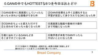 Bread Company
0.GANの中でもHOTTESTな6つを今日はおとどけ
5
①GANを徐々に高画質にしていったら
めっちゃきれいな画像ができた件
②GANの各層を上手く正規化すると
学習が安定して多クラスでもOKになった件
③CGANをちょっと変えただけで
②と合わせてめっちゃ良くなった件
④高画質な動画や意味付け操作
まで可能になった件
⑤巷に溢れているGANもどき
そこまですごくない件
⑥数学者が本気でGANやったら
やばいことになった件
すべての論文で､問題提起→提案手法→結果の順番で発表します
論文をさらーっと追うことを念頭に置いています、
 