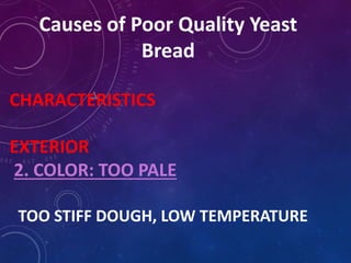 Causes of Poor Quality Yeast
Bread
CHARACTERISTICS
EXTERIOR
2. COLOR: TOO PALE
TOO STIFF DOUGH, LOW TEMPERATURE
 