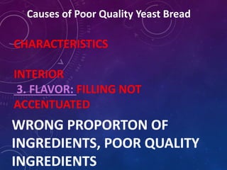 Causes of Poor Quality Yeast Bread
CHARACTERISTICS
INTERIOR
3. FLAVOR: FILLING NOT
ACCENTUATED
WRONG PROPORTON OF
INGREDIENTS, POOR QUALITY
INGREDIENTS
 