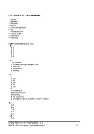 BREAD AND PASTRY PRODUCTION NC II
K to 12 – Technology and Livelihood Education 113113
LO3. CONTROL HAZARDS AND RISKS
1. labeled
2. reported
3. fire alarm
4. fire exit
5. waste management
6. dry
7. decontamination
8. cooking outfit
9. pot holders
10. recycling
LO3 Control hazards and risks
3.1
1. a
2. b
3. b
4. b
5. c.
3.2
1. air pollution
2. Food Processing Concept Air Act
3. emission
4. incineration
5. smoking
3.3
A
1. yes
2. no
3. yes
4. no
5. yes
B.
1. short circuit
2.fire alarm system
3.fire safety
4. fire extingisher
5. emergency lighting or battery powered torches
3.4
1. b
2. a
3. e
4. d
5. c
3.5
1. F
 