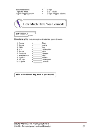 BREAD AND PASTRY PRODUCTION NC II
K to 12 – Technology and Livelihood Education 2222
15 ounces raisins = 3 cups
1 pound dates = 2 ½ - 3 cups
½ pint whipping cream = 2 cups whipped creams
Directions: Write your answers on a separate sheet of paper.
1. 2 cups = _________Tbsp
2. 6 cups = _________quarts
3, 2 kilo = _________ lbs.
4. ¾ c = _________ tablespoon
5. 3 cups = _________ pints
6. 2 pounds = _________ ounces
7. 4 tablespoon = _________ cup
8. 2 gallon = _________ quarts
9. 1/8 cup = _________ tablespoon
10. 2 gram = _________ ounces.
Refer to the Answer Key. What is your score?
How Much Have You Learned?
Self-Check 1.1
 