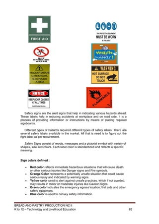 BREAD AND PASTRY PRODUCTION NC II
K to 12 – Technology and Livelihood Education 6363
Safety signs are the alert signs that help in indicating various hazards ahead.
These labels help in reducing accidents at workplace and on road side. It is a
process of providing information or instructions by means of placing required
signboards.
Different types of hazards required different types of safety labels. There are
several safety labels available in the market. All that is need is to figure out the
right label as per requirement.
Safety Signs consist of words, messages and a pictorial symbol with variety of
shapes, size and colors. Each label color is standardized and reflects a specific
meaning.
Sign colors defined :
 Red color reflects immediate hazardous situations that will cause death
or other serious injuries like Danger signs and Fire symbols.
 Orange Color represents a potentially unsafe situation that could cause
serious injury and indicated by warning signs.
 Yellow color used to alert against unsafe practices, which if not avoided,
may results in minor or moderate injuries like Caution Signs.
 Green color indicates the emergency egress location, first aids and other
safety equipment.
 Blue color is used to convey safety information.
 