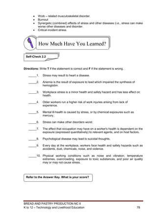 BREAD AND PASTRY PRODUCTION NC II
K to 12 – Technology and Livelihood Education 7878
 Work – related musculoskeletal disorder.
 Burnout
 Synergetic (combined) effects of stress and other diseases (i.e., stress can make
worse other diseases and disorder.
 Critical incident stress.
Directions: Write T if the statement is correct and F if the statement is wrong.
_____1. Stress may result to heart a disease.
_____2. Anemia is the result of exposure to lead which impaired the synthesis of
hemoglobin.
_____3. Workplace stress is a minor health and safety hazard and has less effect on
health.
_____4. Older workers run a higher risk of work injuries arising from lack of
experience.
_____5. Mental ill-health is caused by stress, or by chemical exposures such as
mercury.
_____6. Stress can make other disorders worst.
_____7. The effect that occupation may have on a worker's health is dependent on the
exposure (expressed quantitatively) to relevant agents, and on host factors.
_____8. Psychological disease may lead to suicidal thoughts.
_____9. Every day at the workplace, workers face health and safety hazards such as
accidents, dust, chemicals, noise, and violence.
_____10. Physical working conditions such as noise and vibration, temperature
extremes, overcrowding, exposure to toxic substances, and poor air quality
may or may not cause stress.
Refer to the Answer Key. What is your score?
How Much Have You Learned?
Self-Check 2.2
 