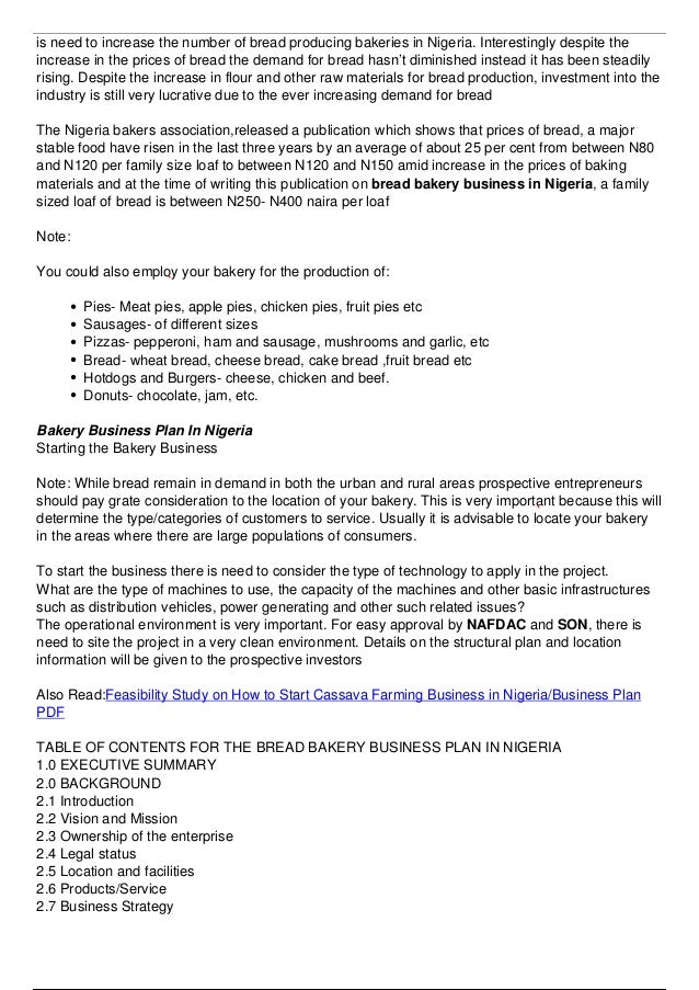 Bread bakery business plan in Nigeria