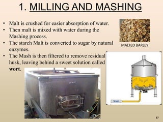 37
1. MILLING AND MASHING
• Malt is crushed for easier absorption of water.
• Then malt is mixed with water during the
Mashing process.
• The starch Malt is converted to sugar by natural
enzymes.
• The Mash is then filtered to remove residual
husk, leaving behind a sweet solution called
wort.
MALTED BARLEY
 