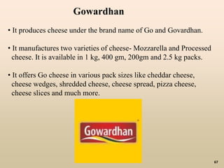 67
• It produces cheese under the brand name of Go and Govardhan.
• It manufactures two varieties of cheese- Mozzarella and Processed
cheese. It is available in 1 kg, 400 gm, 200gm and 2.5 kg packs.
• It offers Go cheese in various pack sizes like cheddar cheese,
cheese wedges, shredded cheese, cheese spread, pizza cheese,
cheese slices and much more.
Gowardhan
 