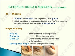 4) Mixing
 Glutenin and Gliadin joins together to form gluten.
 Initially the gluten is wet but the elasticity and WAP increases to
improve the dough till it becomes homogeneous.
Stages of Mixing
◦ Pick Up : Even distribution of all ingredients
◦ Drying Up : Gluten takes up water
◦ Clean Up : Leaves sticking and leaves the sides
of the container.
◦ Development Stage : Proper homogeneous mixing.
 