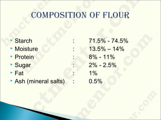  Starch : 71.5% - 74.5%
 Moisture : 13.5% – 14%
 Protein : 8% - 11%
 Sugar : 2% - 2.5%
 Fat : 1%
 Ash (mineral salts) : 0.5%
 