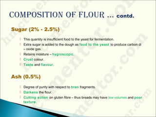 Sugar (2% - 2.5%)
 This quantity is insufficient food to the yeast for fermentation.
 Extra sugar is added to the dough as food to the yeast to produce carbon di
– oxide gas.
 Retains moisture – hygroscopic.
 Crust colour.
 Taste and flavour.
Ash (0.5%)
 Degree of purity with respect to bran fragments.
 Darkens the flour.
 Cutting action on gluten fibre – thus breads may have low volumes and poor
texture.
 