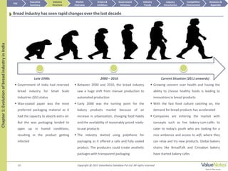 Copyright @ 2015 ValueNotes Database Pvt Ltd. All rights reserved13
Late 1990s
 Government of India had reserved
bread industry for Small Scale
Industries (SSI) status
 Wax-coated paper was the most
preferred packaging material as it
had the capacity to absorb extra oil.
But the wax packaging tended to
open up in humid conditions,
resulting in the product getting
infected
2000 – 2010
 Between 2000 and 2010, the bread industry
saw a huge shift from manual production to
automated production
 Early 2000 was the turning point for the
bakery products market because of an
increase in urbanization, changing food habits
and the availability of reasonably priced ready-
to-eat products
 The industry started using polythene for
packaging as it offered a safe and fully sealed
product. The producers could create aesthetic
packages with transparent packaging
Current Situation (2011 onwards)
 Growing concern over health and having the
ability to choose healthy foods is leading to
innovations in bread products
 With the fast food culture catching on, the
demand for bread products has accelerated
 Companies are entering the market with
concepts such as live bakery-cum-cafés to
cater to today's youth who are looking for a
nice ambience and access to wifi, where they
can relax and try new products. Global bakery
chains like BreadTalk and Cinnabon bakery
have started bakery cafes
Chapter1:EvolutionofbreadindustryinIndia TOC
Market
Overview
Annexure &
Appendix
Industry
Trends
Competitive
Environment
Industry
Structure
Executive
Summary
Drivers &
Inhibitors
Government
Initiatives
Industry
Attractiveness
Bread industry has seen rapid changes over the last decade
 