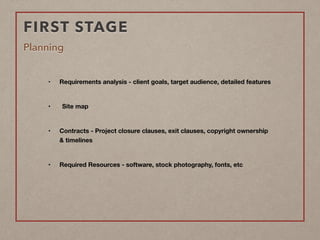 Planning
• Requirements analysis - client goals, target audience, detailed features  
• Site map  
• Contracts - Project closure clauses, exit clauses, copyright ownership
& timelines  
• Required Resources - software, stock photography, fonts, etc  
FIRST STAGE
 