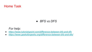 Home Task
● BFS vs DFS
For help:
● https://www.tutorialspoint.com/difference-between-bfs-and-dfs
● https://www.geeksforgeeks.org/difference-between-bfs-and-dfs/
 