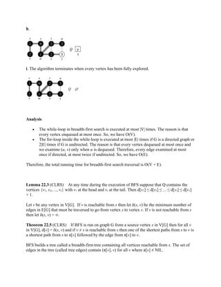 h.
i. The algorithm terminates when every vertex has been fully explored.
Analysis
• The while-loop in breadth-first search is executed at most |V| times. The reason is that
every vertex enqueued at most once. So, we have O(V).
• The for-loop inside the while-loop is executed at most |E| times if G is a directed graph or
2|E| times if G is undirected. The reason is that every vertex dequeued at most once and
we examine (u, v) only when u is dequeued. Therefore, every edge examined at most
once if directed, at most twice if undirected. So, we have O(E).
Therefore, the total running time for breadth-first search traversal is O(V + E).
Lemma 22.3 (CLRS) At any time during the execution of BFS suppose that Q contains the
vertices {v1, v2, ..., vr} with v1 at the head and vr at the tail. Then d[v1] ≤ d[v2] ≤ ... ≤ d[vr] ≤ d[v1]
+ 1.
Let v be any vertex in V[G]. If v is reachable from s then let δ(s, v) be the minimum number of
edges in E[G] that must be traversed to go from vertex s to vertex v. If v is not reachable from s
then let δ(s, v) = ∞.
Theorem 22.5 (CLRS) If BFS is run on graph G from a source vertex s in V[G] then for all v
in V[G], d[v] = δ(s, v) and if v ≠ s is reachable from s then one of the shortest paths from s to v is
a shortest path from s to π[v] followed by the edge from π[v] to v.
BFS builds a tree called a breadth-first-tree containing all vertices reachable from s. The set of
edges in the tree (called tree edges) contain (π[v], v) for all v where π[v] ≠ NIL.
 