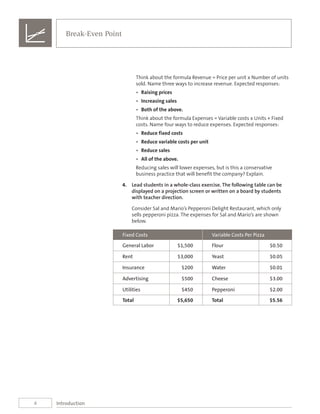 4
Break-Even Point
Introduction
Think about the formula Revenue = Price per unit x Number of units
sold. Name three ways to increase revenue. Expected responses:
•	 Raising prices
•	 Increasing sales
•	 Both of the above.
Think about the formula Expenses = Variable costs x Units + Fixed
costs. Name four ways to reduce expenses. Expected responses:
•	 Reduce fixed costs	
•	 Reduce variable costs per unit
•	 Reduce sales
•	 All of the above.
Reducing sales will lower expenses, but is this a conservative
business practice that will benefit the company? Explain.
4.	 Lead students in a whole-class exercise. The following table can be
displayed on a projection screen or written on a board by students
with teacher direction.
Consider Sal and Mario’s Pepperoni Delight Restaurant, which only
sells pepperoni pizza. The expenses for Sal and Mario’s are shown
below.
Fixed Costs Variable Costs Per Pizza
General Labor $1,500 Flour $0.50
Rent $3,000 Yeast $0.05
Insurance $200 Water $0.01
Advertising $500 Cheese $3.00
Utilities $450 Pepperoni $2.00
Total $5,650 Total $5.56
 