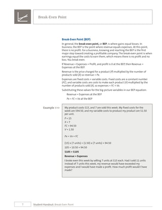 7
Break-Even Point
Student Handout: Break-Even Point
Break-Even Point (BEP)
In general, the break-even point, or BEP, is where gains equal losses. In
business, the BEP is the point where revenue equals expenses. At this point,
there is no profit. For a business, knowing and reaching the BEP is the first
major step toward creating a profitable company. The break-even point is when
earnings equal the costs to earn them, which means there is no profit and no
loss. You break even.
If Revenue = Expenses + Profit, and profit is 0 at the BEP, then Revenue =
Expenses at the BEP.
Revenue is the price charged for a product (P) multiplied by the number of
products sold (X) so revenue = Px.
Expenses are fixed costs + variable costs. Fixed costs are a constant number
(FC), and variable costs are costs to make each product (V) multiplied by the
number of products sold (X), so expenses = FC + Vx.
Substituting these values for the big-picture variables in our BEP equation:
Revenue = Expenses at the BEP
Px = FC + Vx at the BEP
My product costs $15, and 7 are sold this week. My fixed costs for the
week are $94.50, and my variable costs to produce my product are $1.50
per unit.
P = 15
X = 7
FC = 94.50
V = 1.50
Px = Vx + FC
(15) x (7 units) = (1.50) x (7 units) + 94.50
105 = 10.50 + 94.50
$105 = $105
Revenue = Expenses
I broke even this week by selling 7 units at $15 each. Had I sold 11 units
instead of 7 units this week, my revenue would have exceeded my
expenses and I would have made a profit. How much profit would I have
made?
Example >>>
 