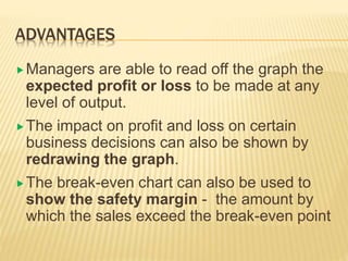 ADVANTAGES
Managers are able to read off the graph the
expected profit or loss to be made at any
level of output.
The impact on profit and loss on certain
business decisions can also be shown by
redrawing the graph.
The break-even chart can also be used to
show the safety margin - the amount by
which the sales exceed the break-even point
 