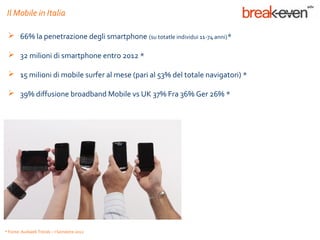 Il Mobile in Italia

  66% la penetrazione degli smartphone (su totatle individui 11-74 anni)*

  32 milioni di smartphone entro 2012 *

  15 milioni di mobile surfer al mese (pari al 53% del totale navigatori) *

  39% diffusione broadband Mobile vs UK 37% Fra 36% Ger 26% *




* Fonte: Audiweb Trends – I Semestre 2012
 