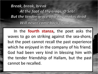 In the fourth stanza, the poet asks the
waves to go on striking against the sea-shore,
but the poet cannot recall the past experience
which he enjoyed in the company of his friend.
God had been very kind in blessing him with
the tender friendship of Hallam, but the past
cannot be recalled.

 