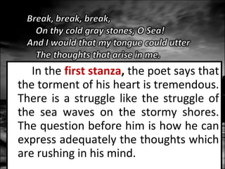 In the first stanza, the poet says that
the torment of his heart is tremendous.
There is a struggle like the struggle of
the sea waves on the stormy shores.
The question before him is how he can
express adequately the thoughts which
are rushing in his mind.

 