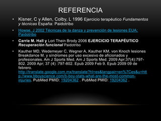 REFERENCIA
• Kisner, C y Allen, Colby, L 1996 Ejercicio terapéutico Fundamentos
    y técnicas España: Paidotribo
•   Howse, J 2002 Técnicas de la danza y prevención de lesiones EUA;
    Paidotribo
•   Carrie M. Hall y Lori Thein Brody 2006 EJERCICIO TERAPÉUTICO
    Recuperación funcional Paidotribo
•   Kauther MD, Wedemeyer C, Wegner A, Kauther KM, von Knoch lesiones
    Breakdance M. y síndromes por uso excesivo de aficionados y
    profesionales. Am J Sports Med. Am J Sports Med. 2009 Apr;37(4):797-
    802. 2009 Apr; 37 (4) :797-802. Epub 2009 Feb 9. Epub 2009 09 de
    febrero.
    http://translate.google.com.mx/translate?hl=es&langpair=en%7Ces&u=htt
    p://www.bboyscience.com/b-boy-stats-what-are-the-most-common-
    injuries. PubMed PMID: 19204362 . PubMed PMID: 19204362 .
 