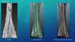 GEOMETRY
sculpt low-poly mesh low-poly mesh with normal map
 