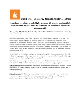 BreakDown - Mobile app for Emergency Roadside Assistance in India | DOCX