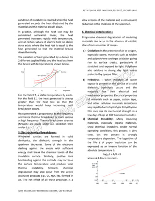 AJITH VIJAYAN, ASST PROFESSOR, EEE DEPT., GEC WAYANAD
AJITH VIJAYAN, ASST PROFESSOR, EEE DEPT., GEC WAYANAD
condition of instability is reached when the heat
generated exceeds the heat dissipated by the
material and the material breaks down.
In practice, although the heat lost may be
considered somewhat linear, the heat
generated increases rapidly with temperature,
and at certain values of electric field no stable
state exists where the heat lost is equal to the
heat generated so that the material breaks
down thermally.
The variation of heat generated by a device for
2 different applied fields and the heat lost from
the device with temperature is shown below.
For the field E2, a stable temperature θA exists.
For the field E1, the heat generated is always
greater than the heat lost so that the
temperature would keep increasing until
breakdown occurs.
Heat generated is proportional to the frequency
and hence thermal breakdown is more serious
at high frequency. Thermal breakdown stresses
(MV/cm) are lower under a.c. condition then
under d.c.
5.Electrochemical breakdown:
Whenever cavities are formed in solid
dielectrics, the dielectric strength in the
specimen decreases. Some of the electrons
dashing against the anode with sufficient
energy shall break the chemical bonds of the
insulation surface. Similarly, positive ions
bombarding against the cathode may increase
the surface temperature and produce local
thermal instability. Similarly, chemical
degradation may also occur from the active
discharge products e.g., O3, NO2 etc. formed in
air. The net effect of all these processes is a
slow erosion of the material and a consequent
reduction in the thickness of the specimen.
6. Chemical deterioration :
Progressive chemical degradation of insulating
materials can occur in the absence of electric
stress from a number of causes.
a) Oxidation: In the presence of air or oxygen,
especially ozone, materials such as rubber
and polyethylene undergo oxidation giving
rise to surface cracks, particularly if
stretched and exposed to light. Polythene
also oxidizes in strong day light unless
protected by opaque filler.
b) Hydrolysis : When moisture or water
vapour is present on the surface of a solid
dielectric, hydrolysis occurs and the
materials lose their electrical and
mechanical properties. Electrical properties
of materials such as paper, cotton tape,
and other cellulose materials deteriorate
very rapidly due to hydrolysis. Polyethylene
film may lose its mechanical strength in a
few days if kept at 100 % relative humidity.
c) Chemical Instability: Many insulating
materials, especially organic materials,
show chemical instability. Under normal
operating conditions, this process is very
slow, but the process is strongly
temperature dependant. The logarithm of
the life t of paper insulation can be
expressed as an inverse function of the
absolute temperature θ.
log10 t = A/θ + B
where A & B are constants.
 