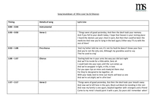 Song breakdown of ‘Afire Love’ by Ed Sheeran 
Timing Details of song Lyric Line 
0:00 – 0:30 Instrumental 
0:30 – 0:50 Ver...