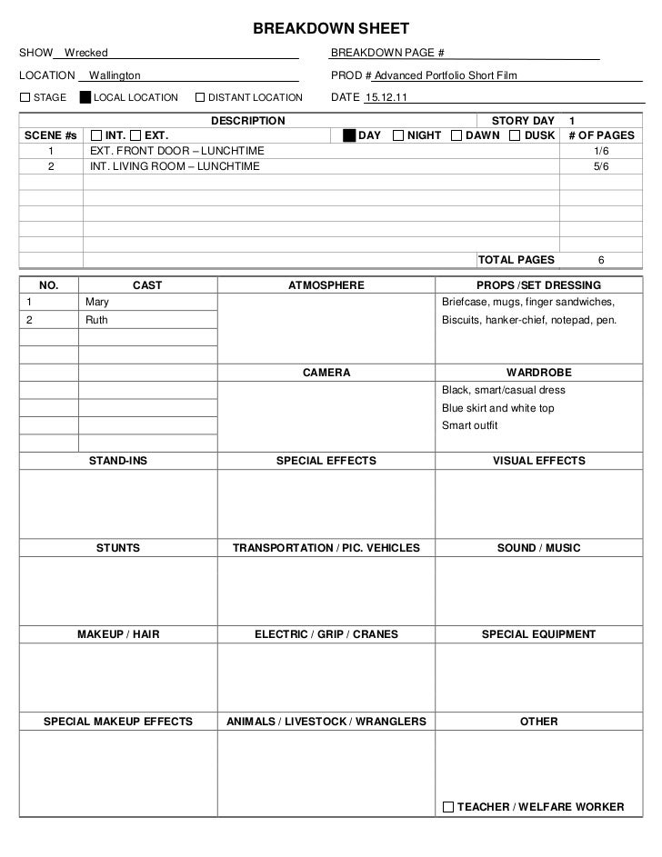 breakdown sheet living room script breakdown sheet