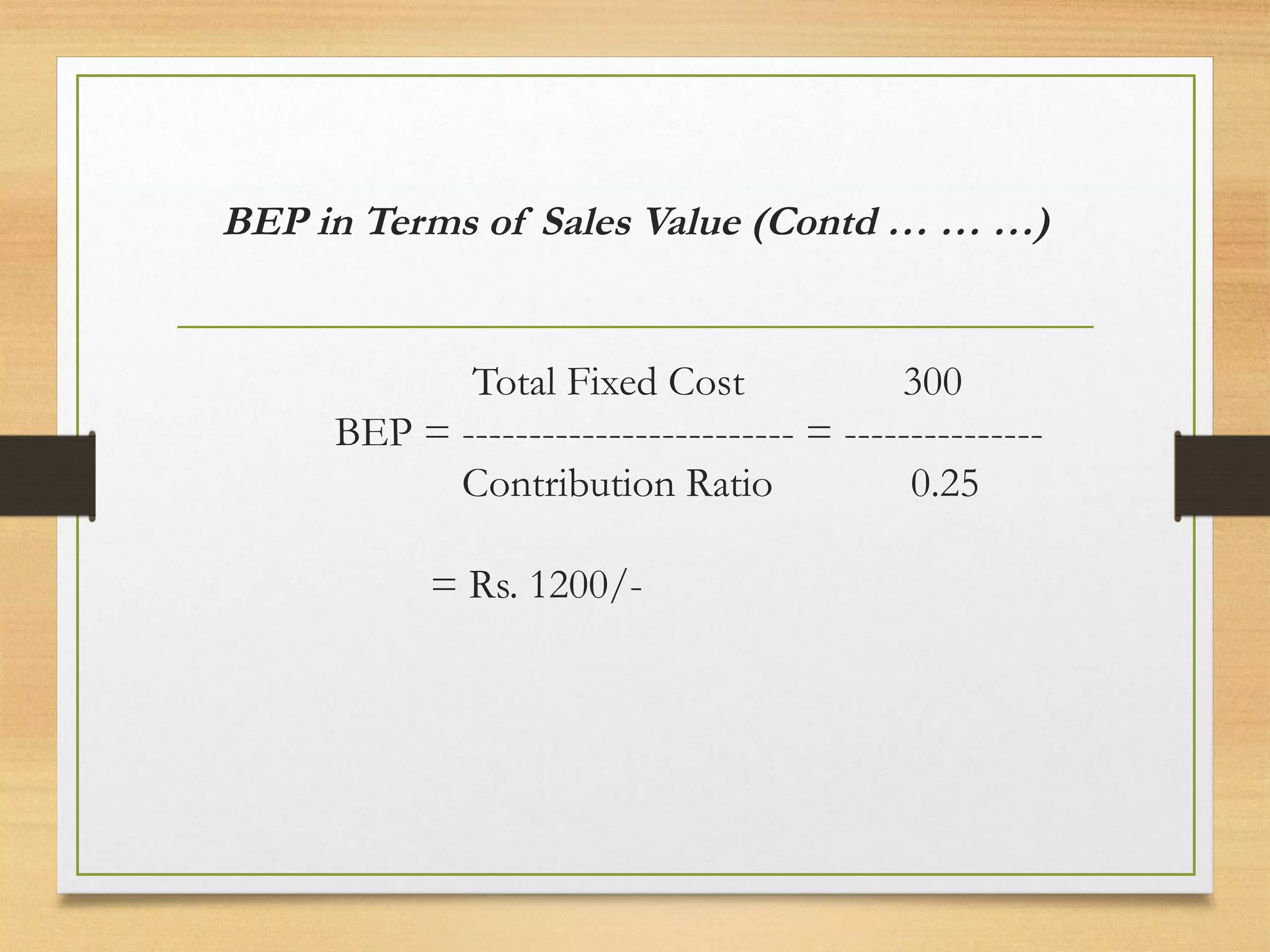 BEP in Terms of Sales Value (Contd … … …)
Total Fixed Cost 300
BEP = ------------------------- = ---------------
Contribution Ratio 0.25
= Rs. 1200/-
 