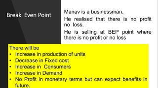 Break Even Point
Manav is a businessman.
He realised that there is no profit
no loss.
He is selling at BEP point where
there is no profit or no loss
????????
There will be
• Increase in production of units​
• Decrease in Fixed cost​
• Increase in Consumers​
• Increase in Demand
• No Profit in monetary terms but can expect benefits in
future.
 
