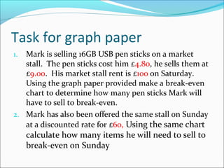 Task for graph paper
Mark is selling 16GB USB pen sticks on a market
stall. The pen sticks cost him £4.80, he sells them at
£9.00. His market stall rent is £100 on Saturday.
Using the graph paper provided make a break-even
chart to determine how many pen sticks Mark will
have to sell to break-even.
2. Mark has also been offered the same stall on Sunday
at a discounted rate for £60, Using the same chart
1.

calculate how many items he will need to sell to
break-even on Sunday

 