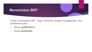Menentukan BEP
dapat dilakukan dengan menggunakan dua
Untuk menentukan BEP
pendekatan yaitu
1. Secara grafik/kurva
2. Secara matematis.
 