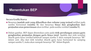 Menentukan BEP
Secara Grafik/Kurva
⚫ Besarnya jumlah unit yang dihasilkan dan volume yang terjual terlihat pada
sumbu horizontal (sumbu X) dan besarnya biaya dan penghasilan dari
penjualan atau penerimaan akan terlihat pada sumbu vertikal (sumbu Y).
⚫ Dalam gambar, BEP dapat ditentukan yaitu pada titik persilangan antara garis
penghasilan penjualan dengan garis biaya total. Apabila dari titik tersebut
ditarik garis lurus vertikal kebawah sampai sumbu Y akan nampak besarnya “BE”
dalam unit. Jika dari titik tersebut ditarik garis lurus horizontal ke samping
sampai sumbu Y, maka akan nampak besarnya “BE” dalam Rupiah.
 