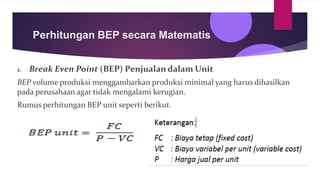 Perhitungan BEP secara Matematis
1. Break Even Point (BEP) Penjualan dalam Unit
BEP volume produksi menggambarkan produksi minimal yang harus dihasilkan
pada perusahaan agar tidak mengalami kerugian.
Rumus perhitungan BEP unit seperti berikut.
 