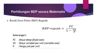 ▶ Break Even Point (BEP) Rupiah
Perhitungan BEP secara Matematis
 