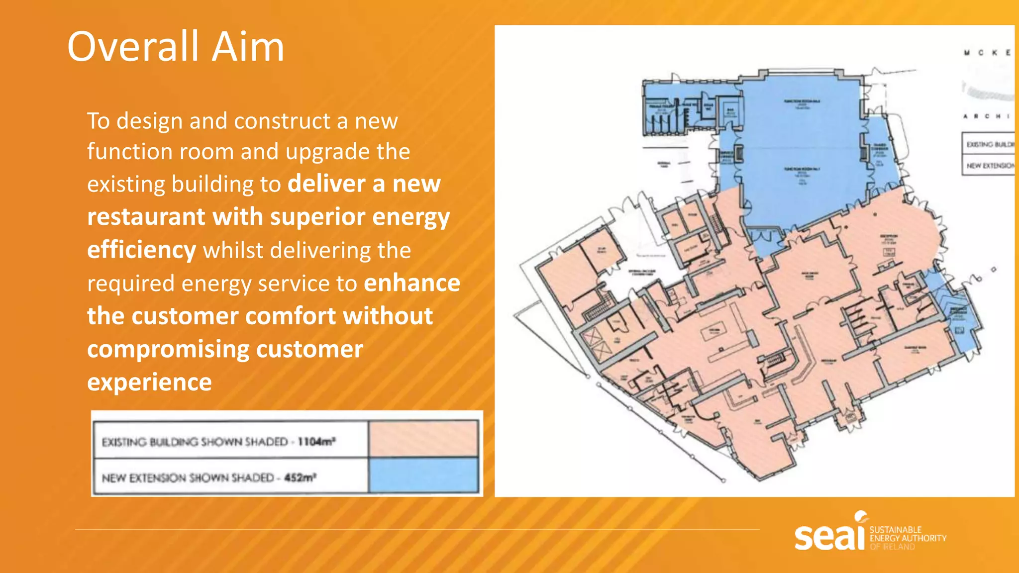 Overall Aim
To design and construct a new
function room and upgrade the
existing building to deliver a new
restaurant with superior energy
efficiency whilst delivering the
required energy service to enhance
the customer comfort without
compromising customer
experience
 