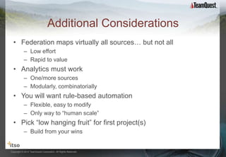Additional Considerations
  • Federation maps virtually all sources… but not all
           – Low effort
           – Rapid to value
  • Analytics must work
           – One/more sources
           – Modularly, combinatorially
  • You will want rule-based automation
           – Flexible, easy to modify
           – Only way to “human scale”
  • Pick “low hanging fruit” for first project(s)
           – Build from your wins


Copyright © 2012 TeamQuest Corporation. All Rights Reserved.
 