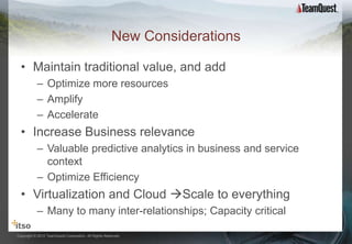 New Considerations

  • Maintain traditional value, and add
           – Optimize more resources
           – Amplify
           – Accelerate
  • Increase Business relevance
           – Valuable predictive analytics in business and service
             context
           – Optimize Efficiency
  • Virtualization and Cloud Scale to everything
           – Many to many inter-relationships; Capacity critical

Copyright © 2012 TeamQuest Corporation. All Rights Reserved.
 