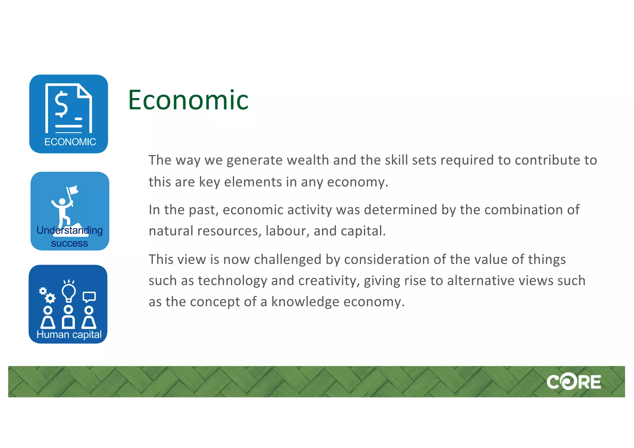 Economic
The way we generate wealth and the skill sets required to contribute to
this are key elements in any economy.
In the past, economic activity was determined by the combination of
natural resources, labour, and capital.
This view is now challenged by consideration of the value of things
such as technology and creativity, giving rise to alternative views such
as the concept of a knowledge economy.
ECONOMIC
Understanding
success
Human capital
 