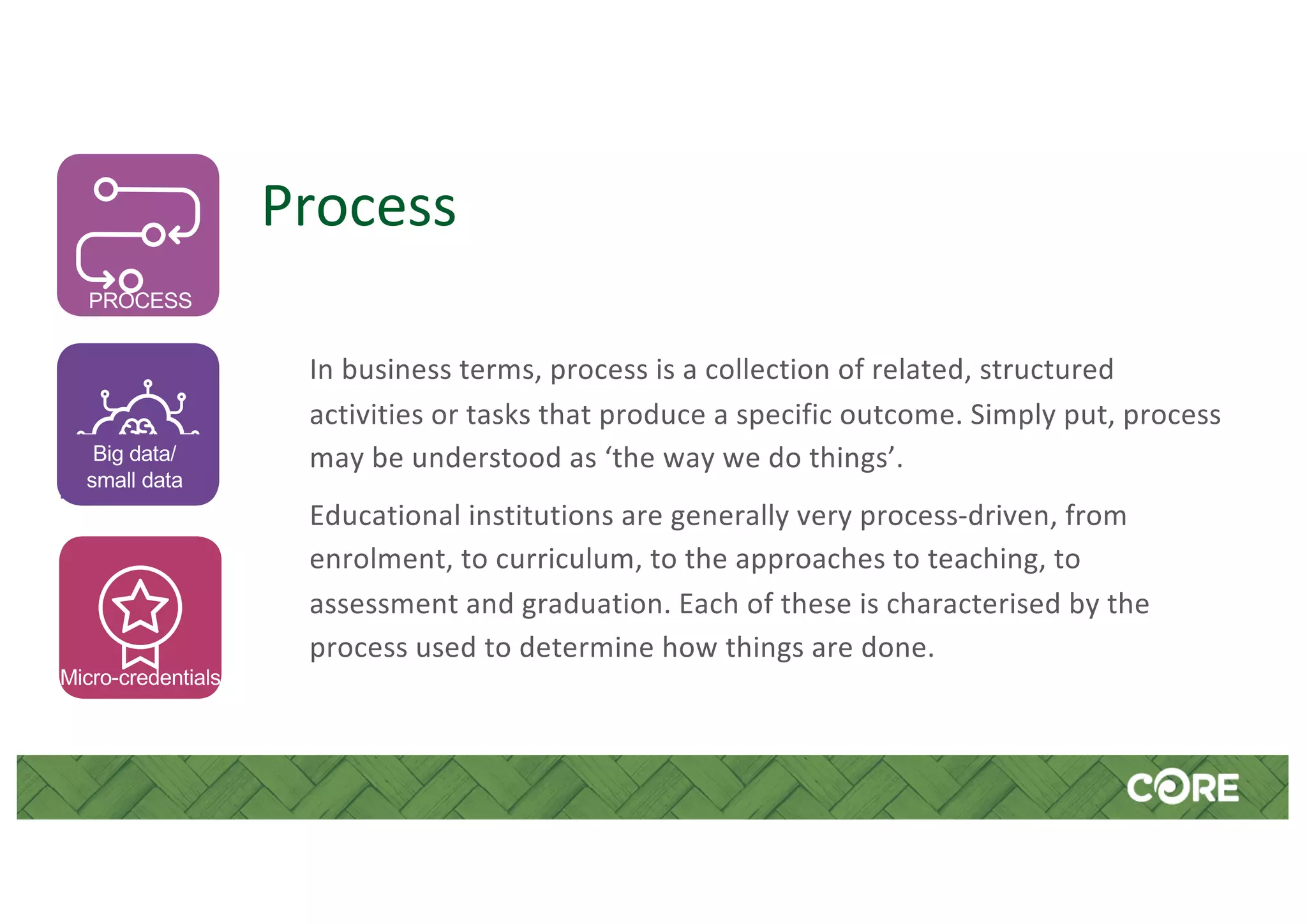Process
In business terms, process is a collection of related, structured
activities or tasks that produce a specific outcome. Simply put, process
may be understood as ‘the way we do things’.
Educational institutions are generally very process-driven, from
enrolment, to curriculum, to the approaches to teaching, to
assessment and graduation. Each of these is characterised by the
process used to determine how things are done.
PROCESS
Micro-credentials
Big data/
small data
 