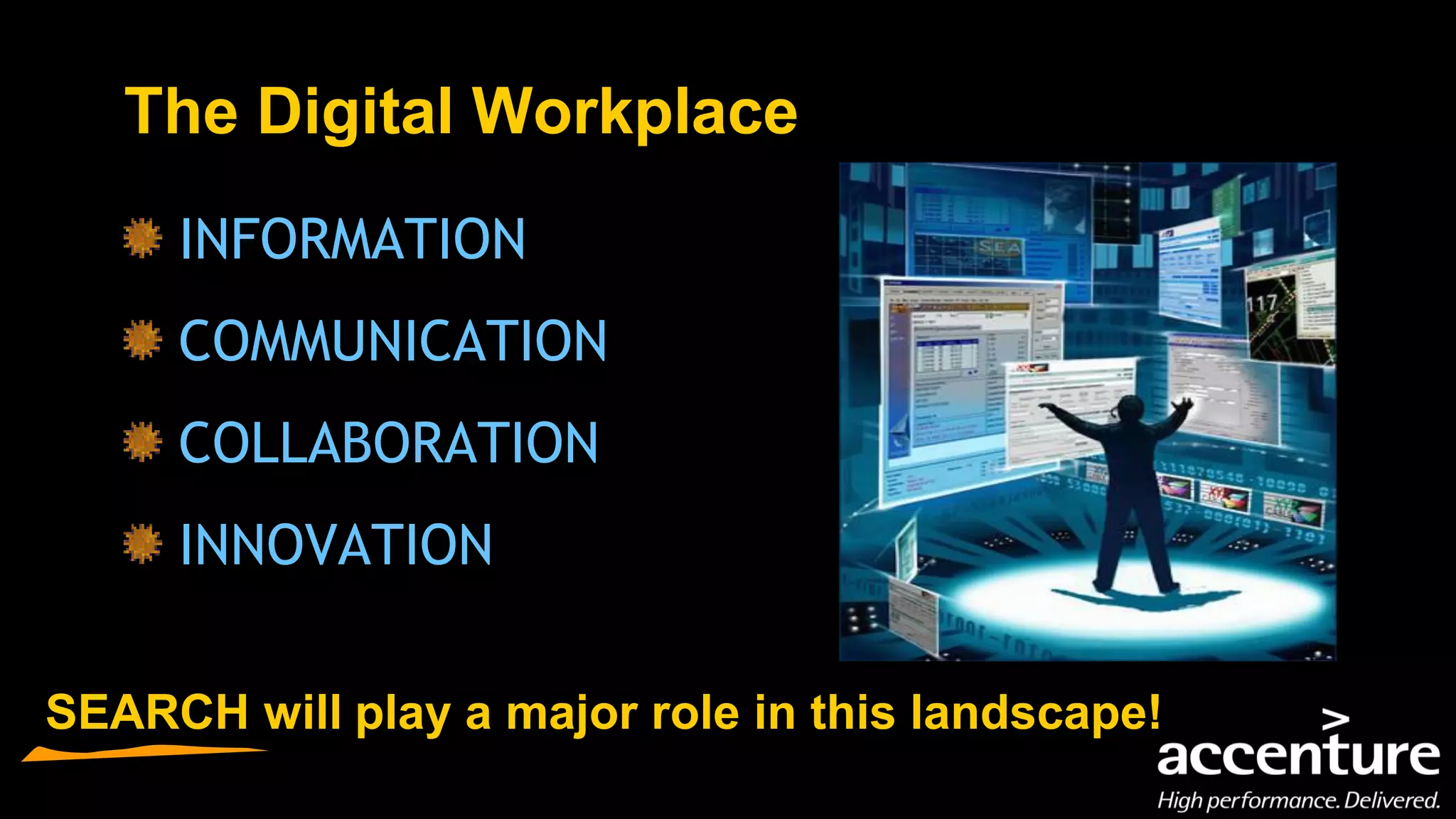 The Digital Workplace
     INFORMATION
     COMMUNICATION
     COLLABORATION
     INNOVATION

SEARCH will play a major role in this landscape!
 