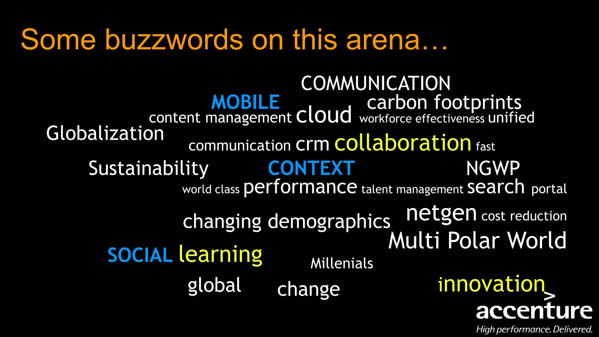 Some buzzwords on this arena…
                                  COMMUNICATION
                     MOBILE            carbon footprints
             content management cloud    workforce effectiveness unified
 Globalization
                  communication   crm collaboration fast
     Sustainability           CONTEXT                     NGWP
                world class performance talent management search       portal

                 changing demographics netgen cost reduction
                                              Multi Polar World
       SOCIAL learning    Millenials
               global  change                         innovation
 
