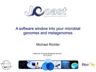 A software window into your microbial
    genomes and metagenomes

             Michael Richter

          Molecular Ecology Breakfast Seminar
                      02.12.2010
 
