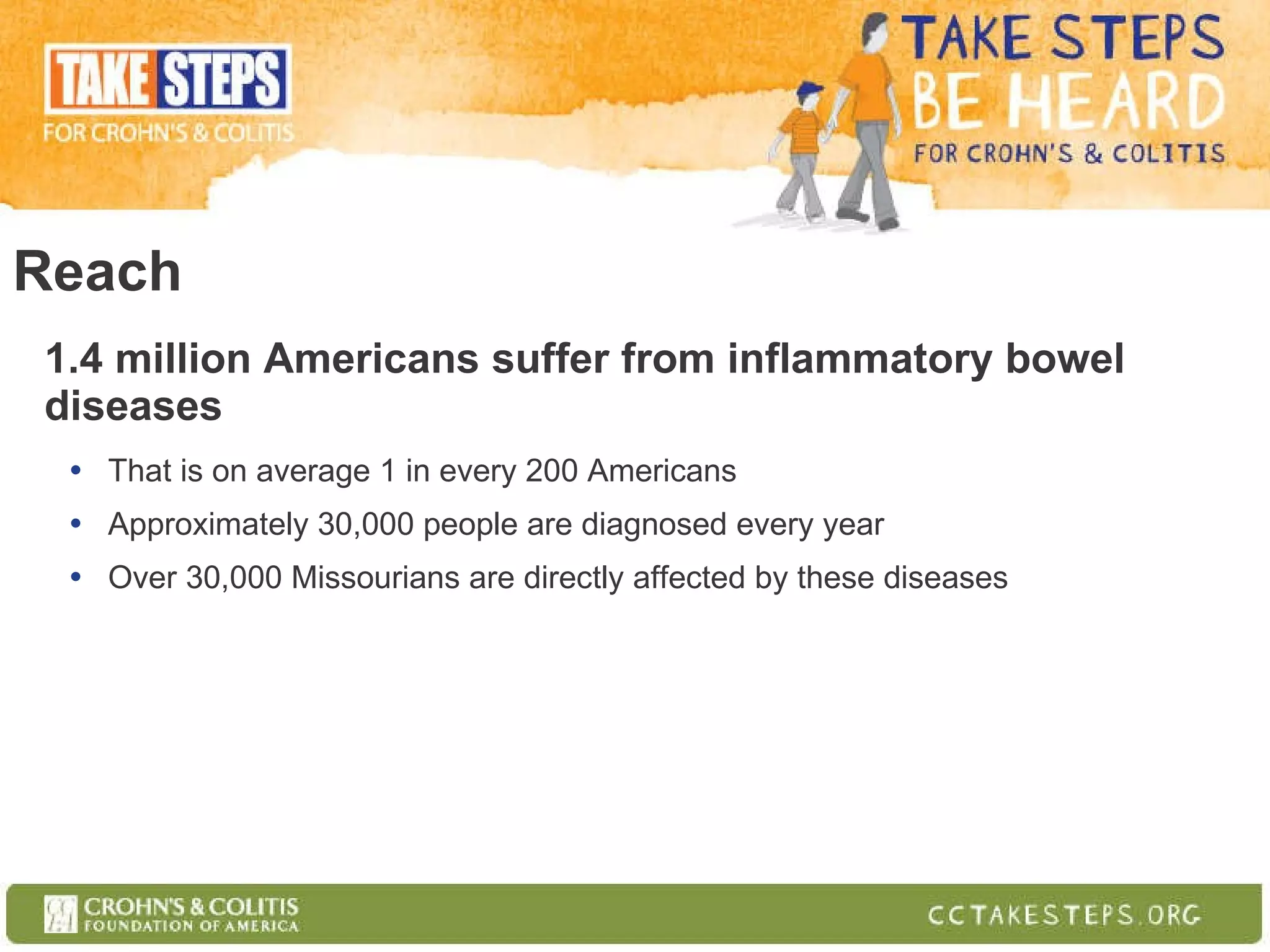 Reach 1.4 million Americans suffer from inflammatory bowel diseases That is on average 1 in every 200 Americans Approximately 30,000 people are diagnosed every year Over 30,000 Missourians are directly affected by these diseases 