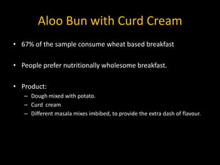 Aloo Bun with Curd Cream
• 67% of the sample consume wheat based breakfast

• People prefer nutritionally wholesome breakfast.

• Product:
   – Dough mixed with potato.
   – Curd cream
   – Different masala mixes imbibed, to provide the extra dash of flavour.
 